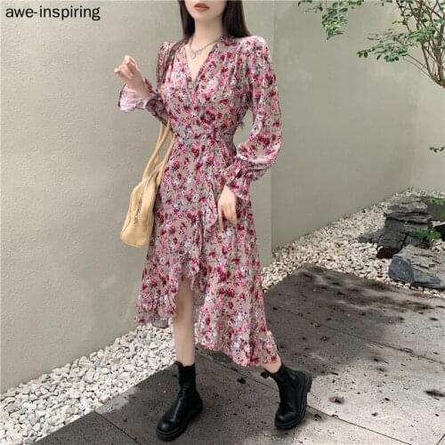 Women Vintage Retro V-neck French Niche Floral Lace Cross Waist Ruffled Flared Sleeve Dress Long Sleeve Pink Office Lady Vestido