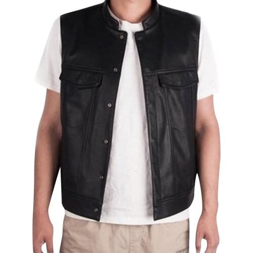 Men Fashion Motorcycle Leather Button Vest Cool Clubwear Vintage Punk Stand Neck Jacket Vest Autumn Solid Color Mens Clothing