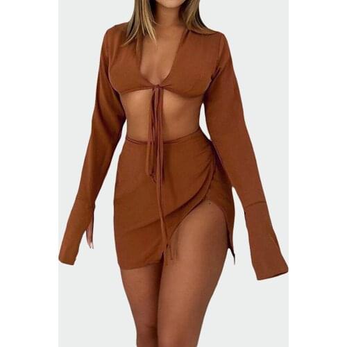 2 Piece in 1 set Women Clothes Long-sleeved Lace Up Cropped Top + Split Drapped Mini Skirt