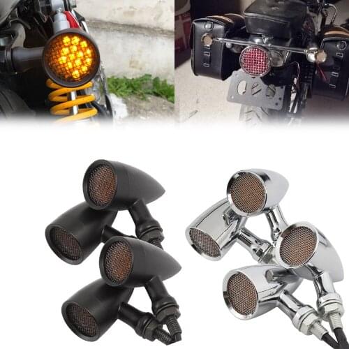 Black/Chrome Motorcycle Retro Bullet LED Turn Signal lamp Brake Light Mesh Lens For Harley Chopper Bobber Yamaha Honda
