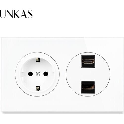 UNKAS EU Standard Wall Socket + Female Dual HDMI-Compatible 2.0 Connector Jack Crystal Glass And Black Aluminum Panel Outlet