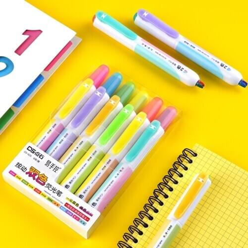 6pcs/pack Two Tone Highlighter Pen Retractable Highlighters Refillable Fluorescent Pens Highlight Markers School Office Supplies
