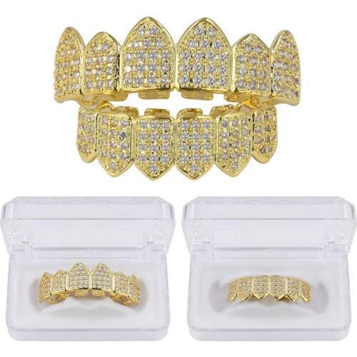TOPGRILLZ Hip Hop Grillz Teeth Caps Gold Color Plated Luxury Micro Pave CZ Stones Top & Bottom Teeth Grills Set Ship From US