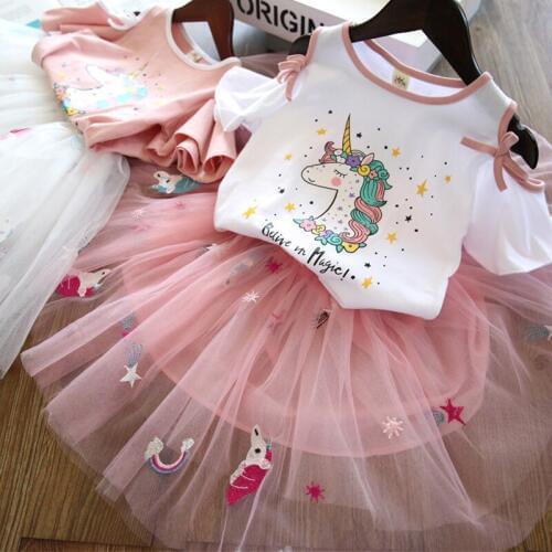 Cotton Kid Girls Summer Clothes Sets Summer Vest 2pcs Unicorn T Shirt+Lace Skirts Children Sets Fashion Girls Clothes Suit 2-8Y