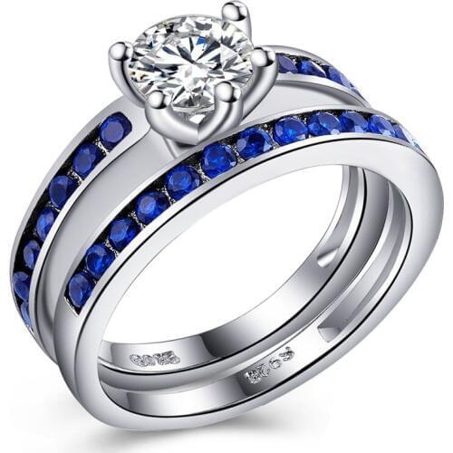 Hainon Royal Blue Silver Color Ring Sets Jewelry Princess Cut Unique Engagement Gift Bridal Cubic Zircon Wedding Bands for Women