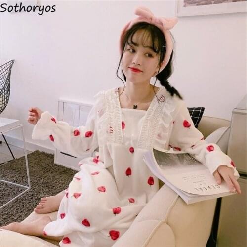Nightgowns Women Coral Velvet Thick Winter Warm High Quality Lace Patchwork Sweet Pink Printed Square Collar Korean Cute Girls