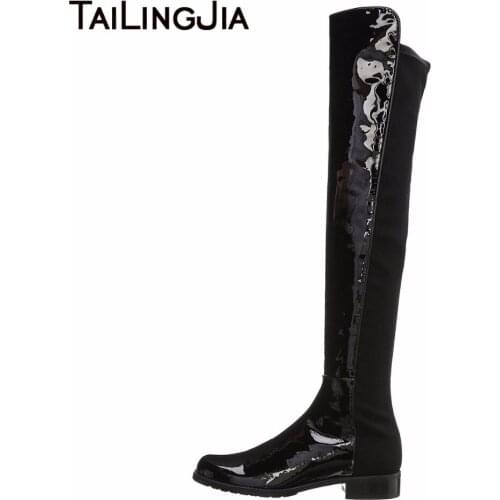Patchwork Flat Over Knee Boots Shiny Women Boots Woman Boots Round Toe Keep Warm Fashion High Quality Boots Plus Size 2019