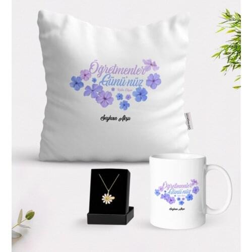 Personalized Teachers Days Happy White Mug Cushion and Is Daisy Necklace Gift Seti-3