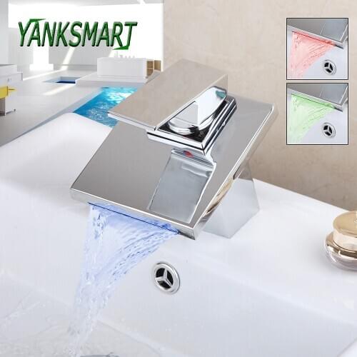 YANKSMART Chrome Polished Bathroom LED Single Handle Faucet Deck Mounted Waterfall Faucets Cold And Hot Mixer Water Tap