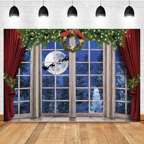 Laeacco Christmas Garland False Window Curtain Moon Santa Claus Backdrop Photographic Photo Background For Photo Studio