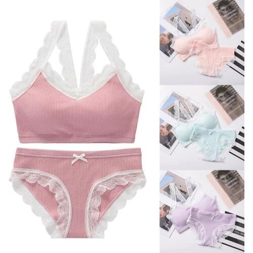 Sexy Lace Solid Color Full Cup Bra Sets for Girls Women Push Up Wireless Comfortable Underwear Teenagers Thin Lingerie Set