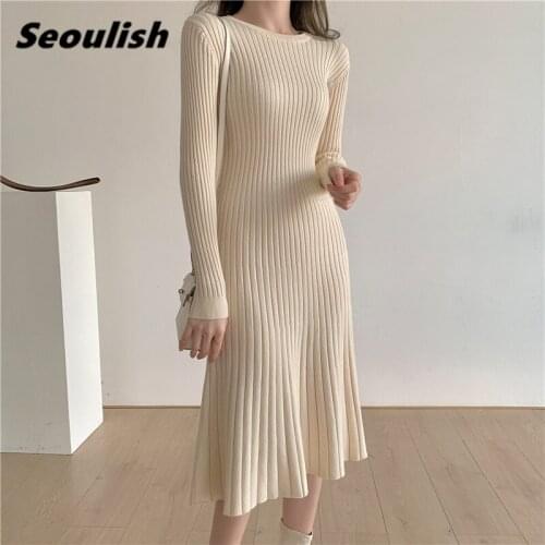 Seoulish Autumn Winter 2021 New Elegant Knitting Wrap Midi Dresses Long Sleeve O-Neck Office Lady Sheath Sweater Dresses Female