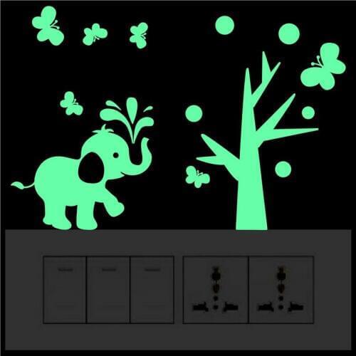 Elephant Butterfly Tree Round Dots Wall Stickers Glow in the Dark Switch Stickers Cartoon Animal Luminous Decal Kids Rooms Decor