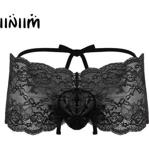 Mens Sexy Lingerie Floral Lace Underwear Strappy Bulge Pouch Jockstraps Wetlook Sissy Gay Panties Open Butt Briefs Underpants