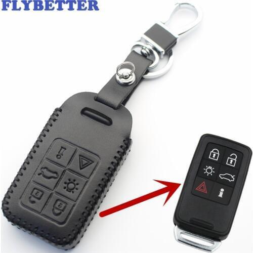 FLYBETTER 2Pcs Genuine Leather 6Button Keyless Entry Smart Key Holder Case Cover For Volvo S60/S80/V60/XC60/XC70 L2006