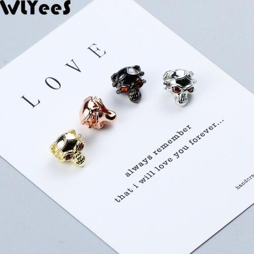 WLYeeS 2pcs CZ Skull Copper Spacer beads Red Eye skeleton Pendant Inlay Crystal Metal Loose bead For Jewelry making DIY bracelet