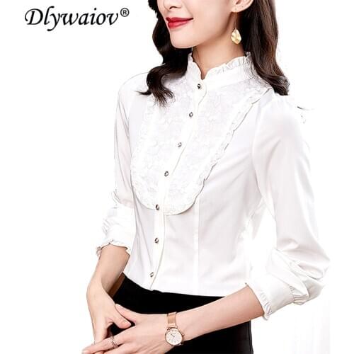 Lace blouse women White long-sleeved 2021spring Buttons shirt Solid Wild shirts Female clothes Lotus leaf collar blouses Tops