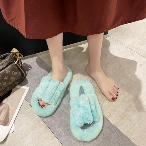 Women House Slippers Faux Fur Fashion Warm Shoes Winter Woman Slip On Flats Female Slides Black Cozy Home Fuzzy Slippers MTX126