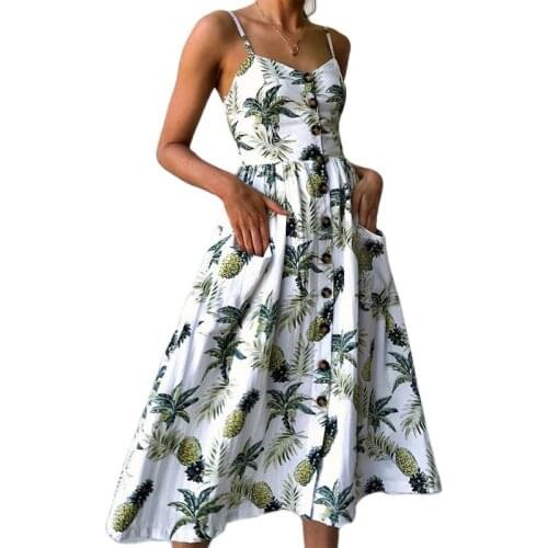 Womens Summer Leisure Dresses Floral Bohemian Adjustable Spaghetti Strap Button Down Swing Midi Dress with Pockets