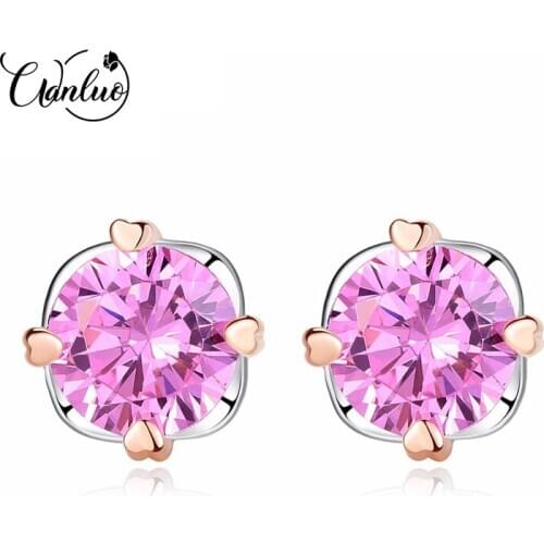 WANLUO Pink Zircon Stone Crystal Small Earrings Stud Earrings Stud Genuine Sterling Silver 925 Women Jewelry Brand New Fashion