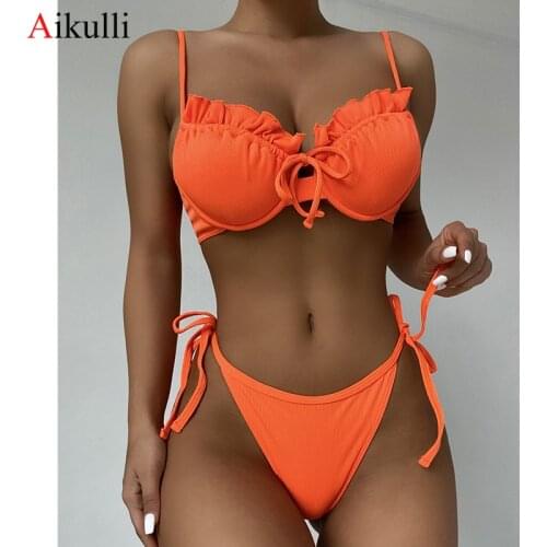Sexy Ruffled Bikinis Push Up Swimsuits Women Solid Color Underwire Bikini Sets 2021 Summer Female Bathing Suits Swimming Biquini