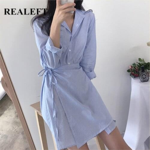 REALEFT 2021 New Blue Striped Shirts Womens Short Dress Elegant High Waist Long Sleeve Straight Female Mini Dress Spring Summer
