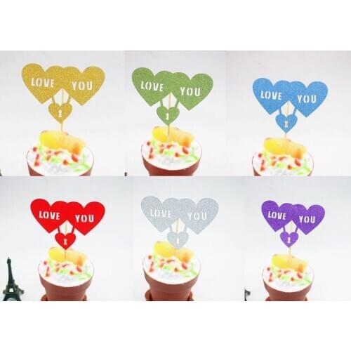 1pc DIY Cup Cake Love Heat Cake Flag Topper Multi Colors I LOVE YOU Flags For Wedding Birthday Party Cake Baking Decor Supplies