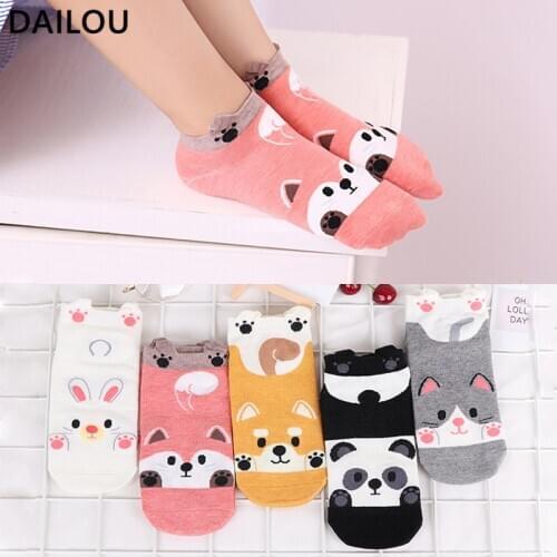 10 Style 5 Pairs/lot Women Cartoon Socks Japanese boat socks cute animal Straight socks funny Happy Cut Ankle socks Cotton