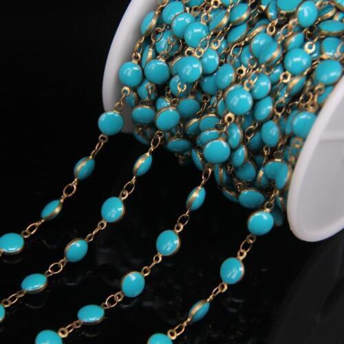5Meter/Lot Turquoises Blue Lampwork 6mm Flat Round Beaded Rosary Chains,Enamel Coin Beads Copper Links Sweater Chains Jewelry