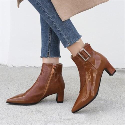 PXELENA Large Size 34-45 Women Ankle Boots Kitten High Heels Shoes Metal Buckle Pointed Toe Office Work Daily Date Short Boots