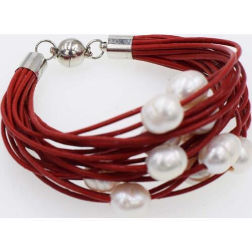 15rows freshwater pearl egg white and coffee and red leather bracelet 8inch FPPJ wholesale beads nature