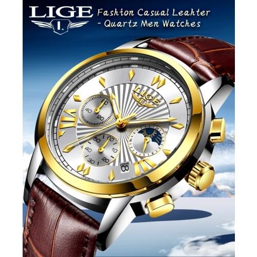 Fashion Brand LIGE 8911 Luxury Leather Business Quartz Men Watch Waterproof Casual Sport Chronograph Clock Wristwatches Male