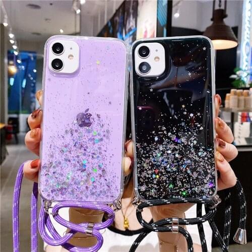 Crossbody Necklace Strap Lanyard Cord Chain Glitter Case For iPhone 12 11 Pro Mini XS Max X XR 8 7 6s 6 Plus SE 2020 Clear Cover