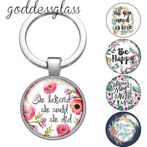 Flowers letters WordArt Happy love bloom Round glass cabochon keychain Bag Car key chain Ring Holder Charms keychains gift