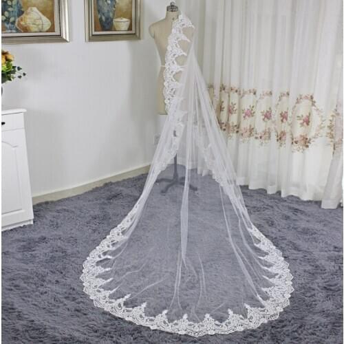 Mingli Tengda Full Lace Bride Long Wedding Accessories Birdcage Veil With Metal Comb 3 M Bridal Veils Chapel Velo Trouwen White