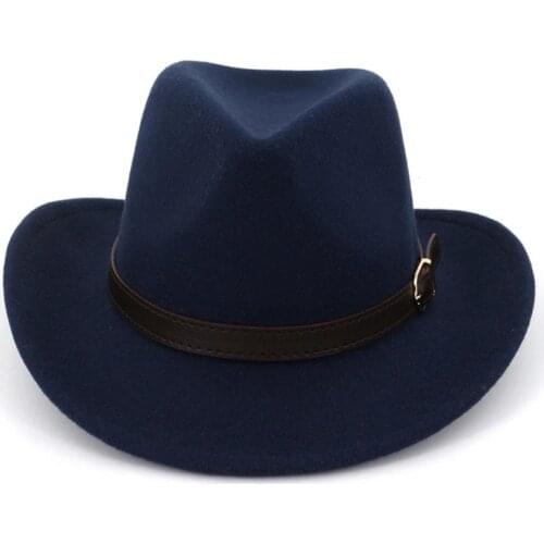 European US Wide Brim Cowboy Felt Hat Panama Trilby Jazz Fedora Hats with Leather Buckle Plain Woolen Chapeau for Men Women