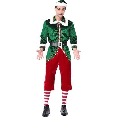 Men Christmas Red Green Santa Claus Velvet Costume Outfit Fancy Dress costume