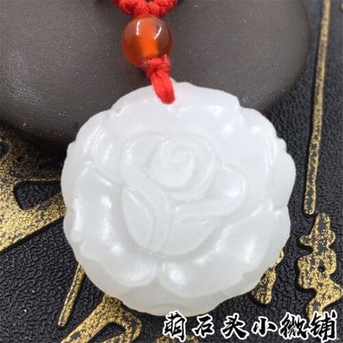Natural Afghanistan White Jade Big Rose Pendant Necklace Jewellery Fashion Accessories Hand-Carved Luck Gift Sweater Chain