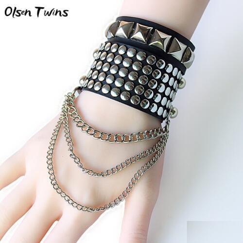 Olsen Twins Street Punk Style Snap Button Black Leather Bracelet Set Women Rock Hip Hop Jewelry Dropshipping