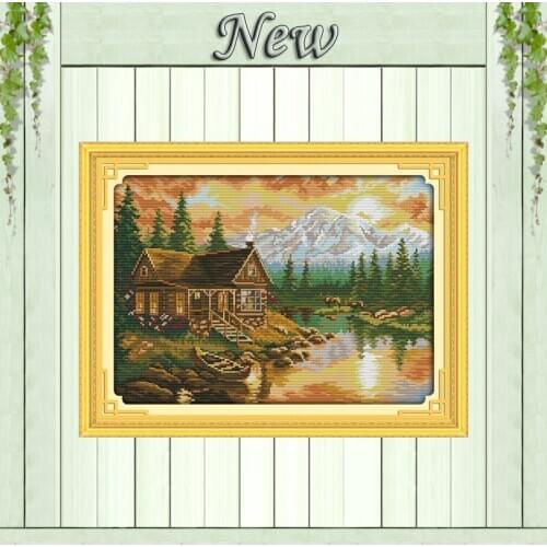 Sunset Scenery,11CT print on the fabric DMC 14CT Cross Stitch kits,needlework full embroidery Sets,Cabin Scenic Home Decoration