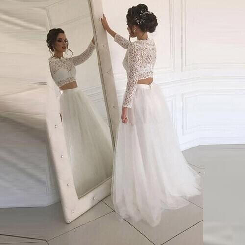 Charming On Sale Two Pieces Lace Long Sleeve Bridal Wedding Gowns Jewel Neck Illusion Back Wedding Dresses for Bride Full Length