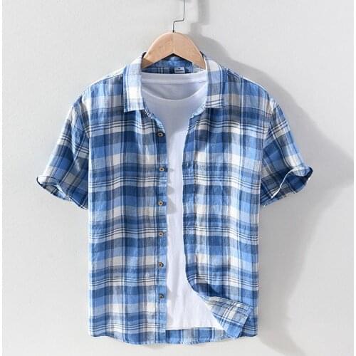 100% Linen Men Short Sleeve Shirts Casual Fashion Blue Khaki Plaid Shirt Turn-down Collar Man Summer Business Shirt Tops Blouse