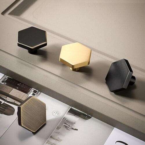 Modern Golden Hexagon Door Knob Pure Copper Drawer Pulls Single Hole Cupboard Handle Home Wardrobe Handles Furniture Hardware