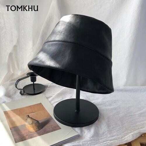 New Fashion Harajuku Faux Leather Hat Womens PU Bucket Hats Personality Popular Basin Hat Black Winter Hip Hop Bape K Pop Caps