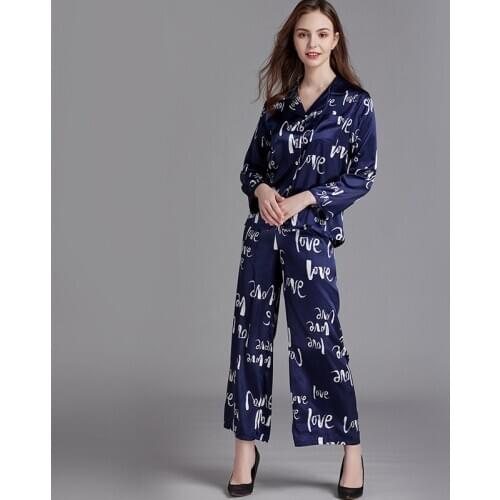 Silky Satin Sleepwear 2PCS Pajamas Set Female Letter Print Nightwear Casual Intimate Lingerie Nightgown 2020 New Pyjamas
