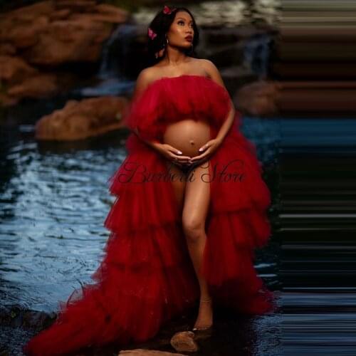 Sexy High Low Tiered Tulle Ruffles Long Maternity Dresses Robes Pertty Strapless Mesh Pregnancy Dress To Photography Bridal Gown