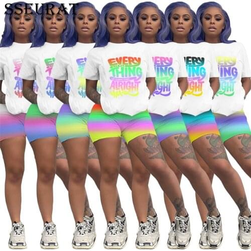 SSEURAT Summer Women Two Pieces Sets Tracksuits Tie Dye Print O-neck T-shirt Jogger Shorts Suit Sporty Fitness Outfits