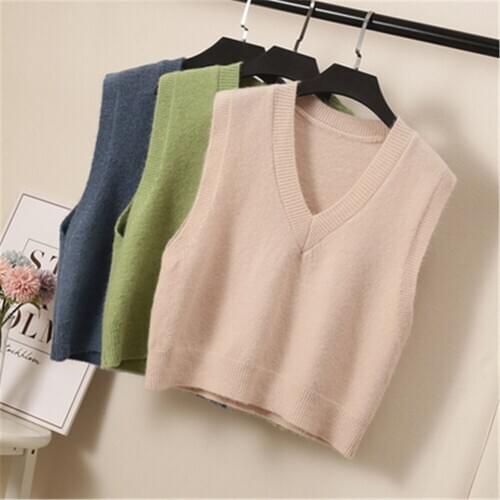 Korean Women Sweater Vest Solid Color Ladies V-Neck Women Short Knitted Sweater Sleeveless Pullover Tops Female Outerwear 5292