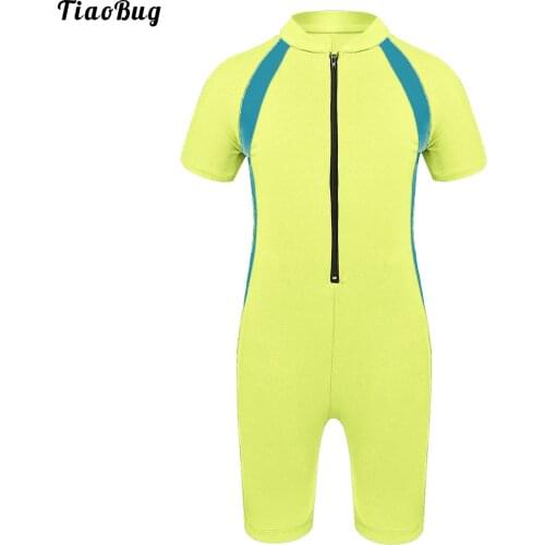 TiaoBug Summer Kids Girls One-Piece Swimming Jumpsuit Bodysuit Short Sleeves Zippered Shorty Wetsuit Swimsuit Swimwear