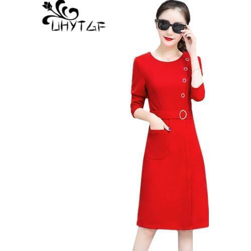 UHYTGF Women spring dress long sleeve elegant dresses Solid color casual bandage dress O neck pullover autumn dresses vestido427
